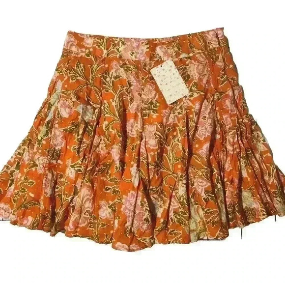 FREE PEOPLE END OF THE ISLAND GODET MINI SKIRT ORANGE FLORAL PRINT. SIZE 6. NWT - Picture 1 of 12